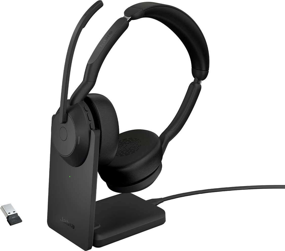 kufje me mikrofon Jabra EV255S3 25599-989-989 me bazë karikimi, binaurale, me USB adapter, e zezë