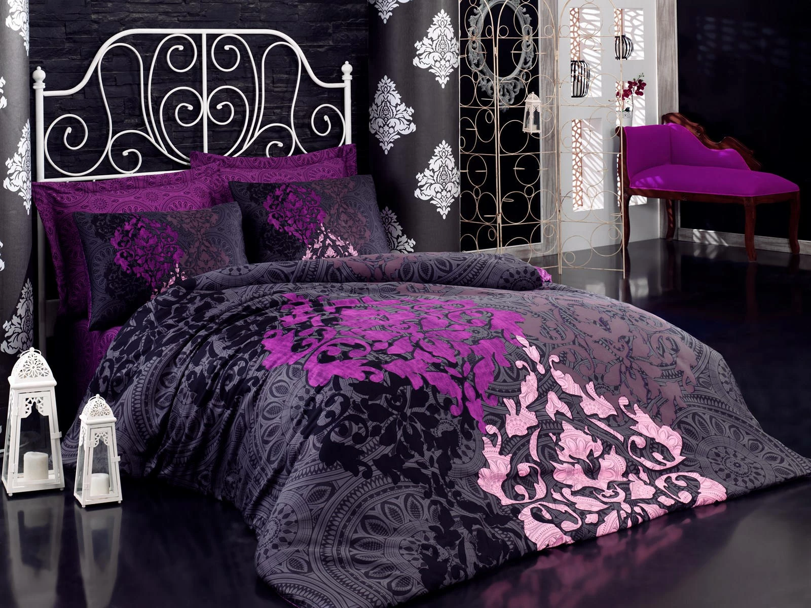 Set mbulesë për jorgan dopio, satin, L'essentiel, Kosem Sultan, ngjyrë bordo, vjollcë, rozë, e zezë