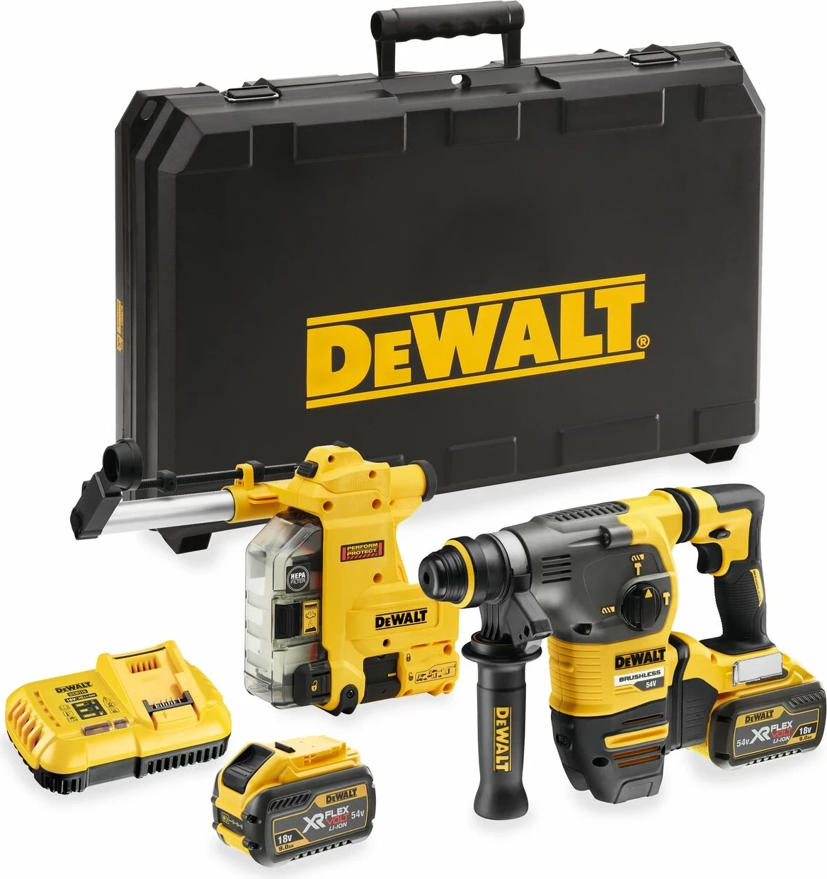Çekiç shpues SDS+ me bateri Dewalt DCH335X2 18/54V, 2x 9.0Ah XR FLEXVOLT, me thithje pluhuri HEPA, i verdhë/zi (set)