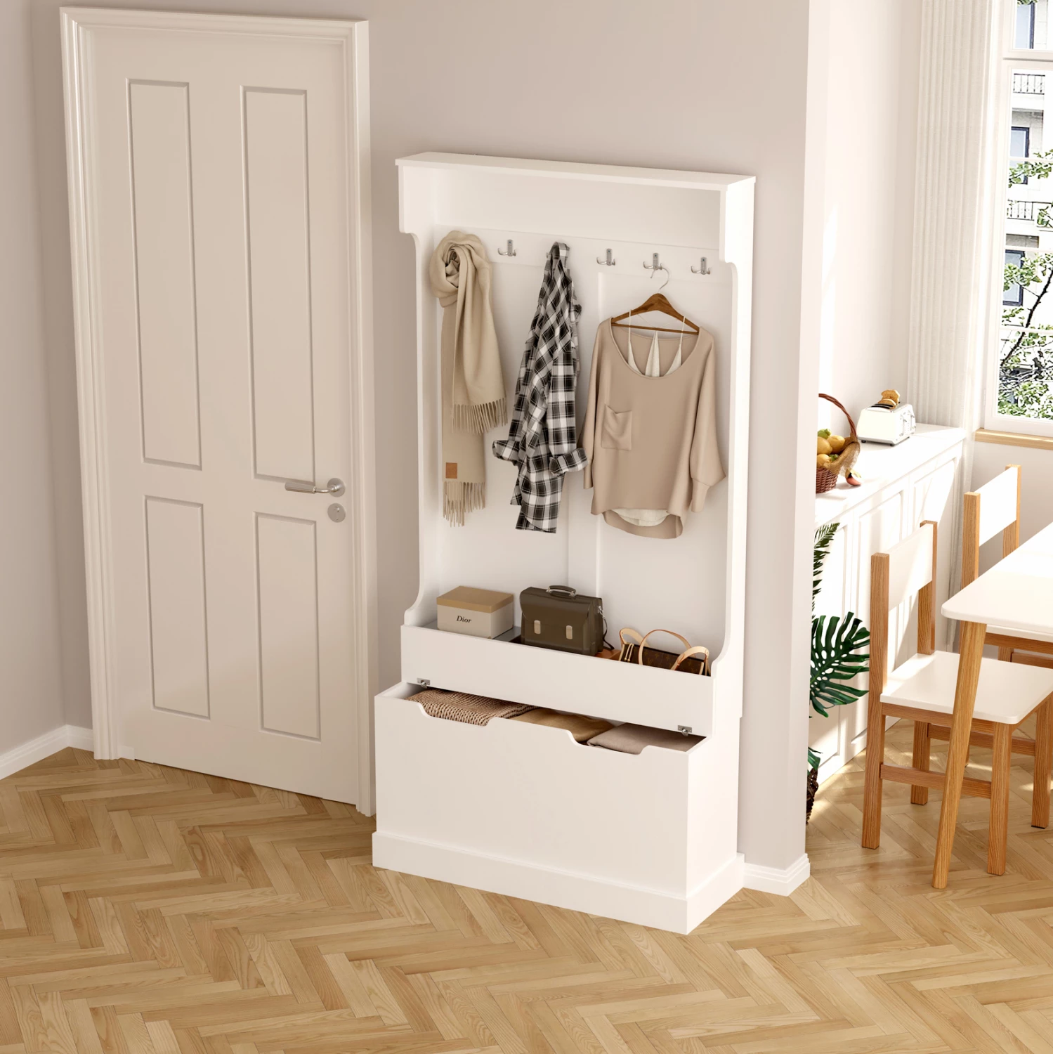 Mobilje për hyrje KAYLOR FH2475.03 me varëse dhe hapësirë ruajtjeje-MDF në të bardhë 93x34x180Hcm