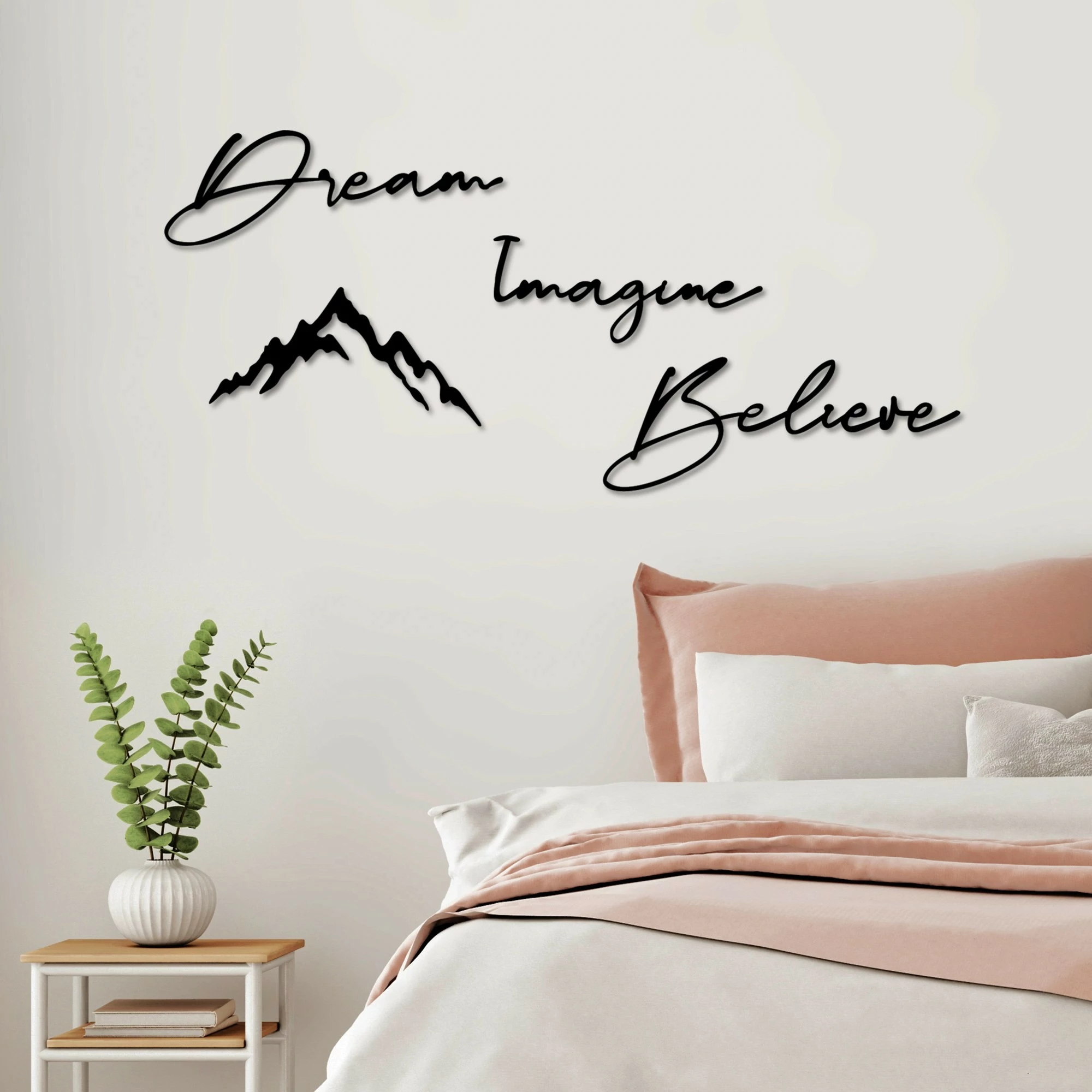 Aksesor dekorativ metalik për mur, Dream Imagine Believe, set prej 4 pjesësh
