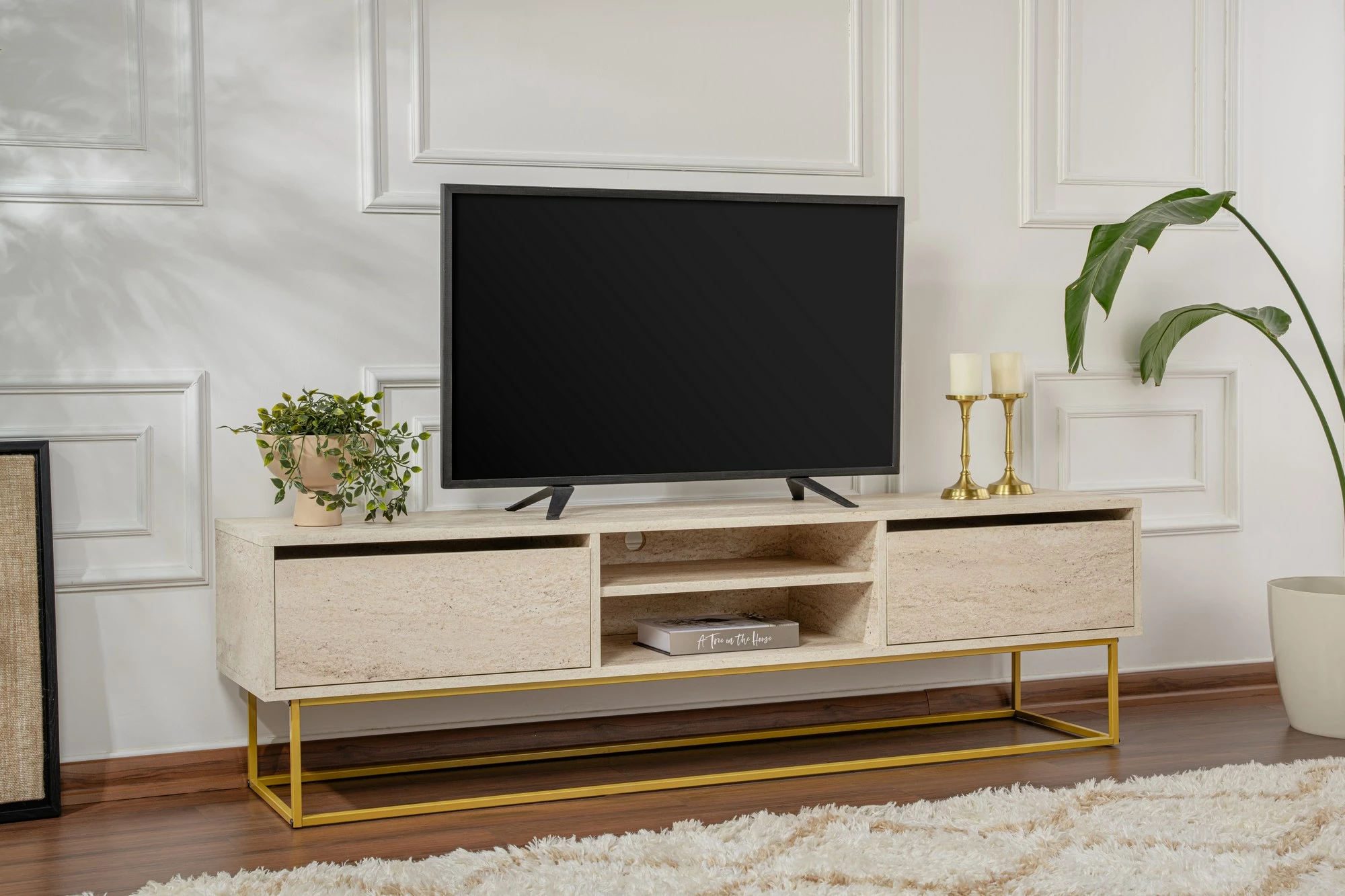 Komodë TV Skye Decor, Escape 180, ngjyrë travertin dhe ari