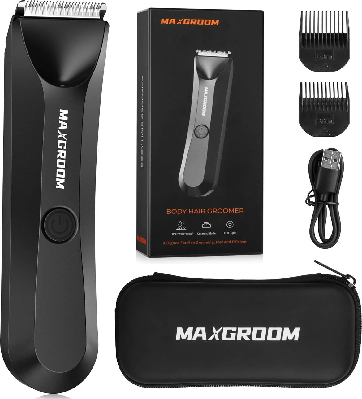 Makinë rroje MAXGROOM RFCD-9087, LED, IPX7, USB-C, 600mAh, set me krehra 3mm/5mm + çantë, e zezë