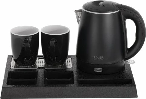 Çajnik elektrik Adler AD 1387, 1 L, set me tabaka dhe 2 filxhana, i zi