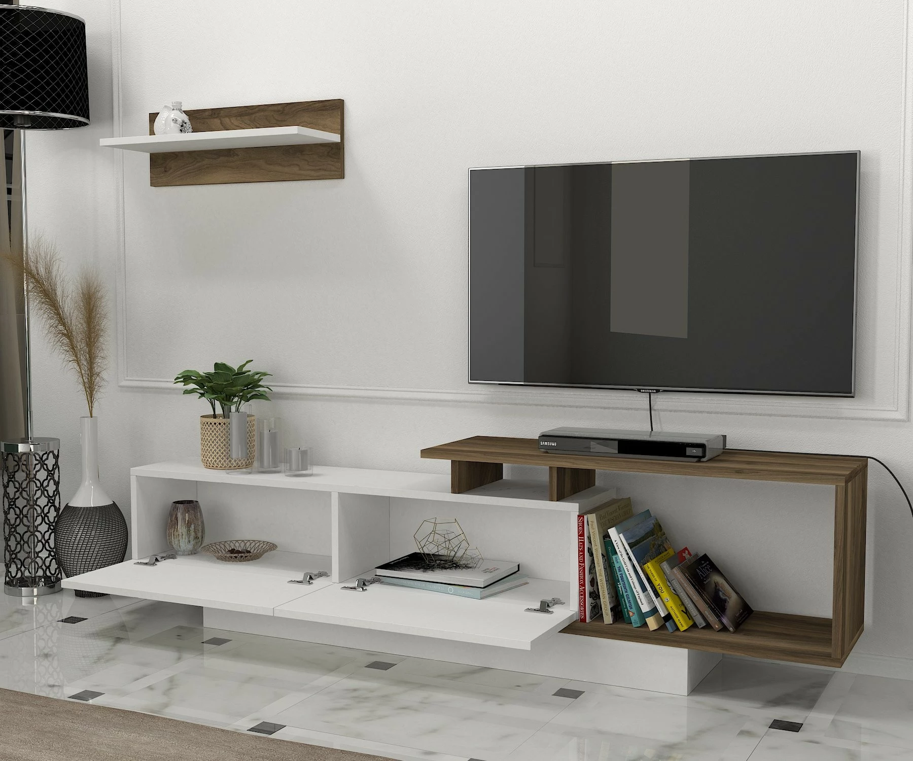 Komodë TV Hanah Home, Asos, e bardhë dhe arre