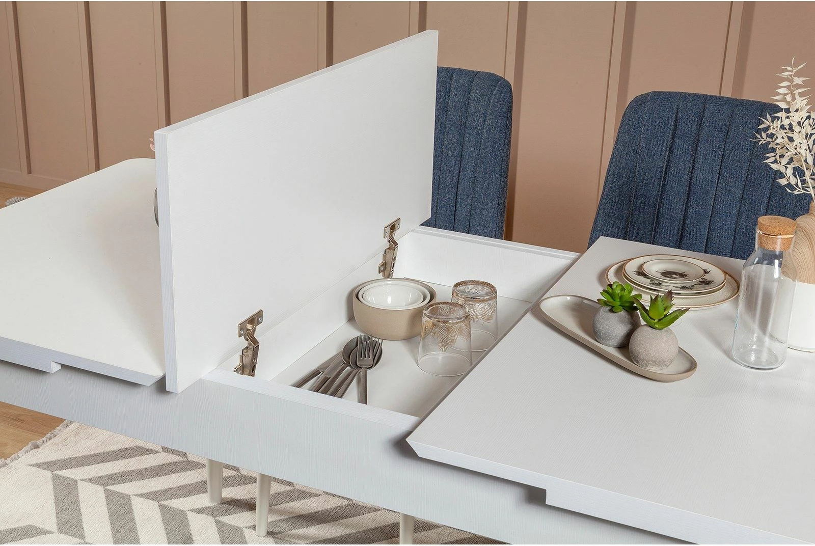 Set tavolinë me karrige për ngrënie, zgjatës, 5 pjesë, Skye Decor, Vina 1048-4, e bardhë, kaltër e errët