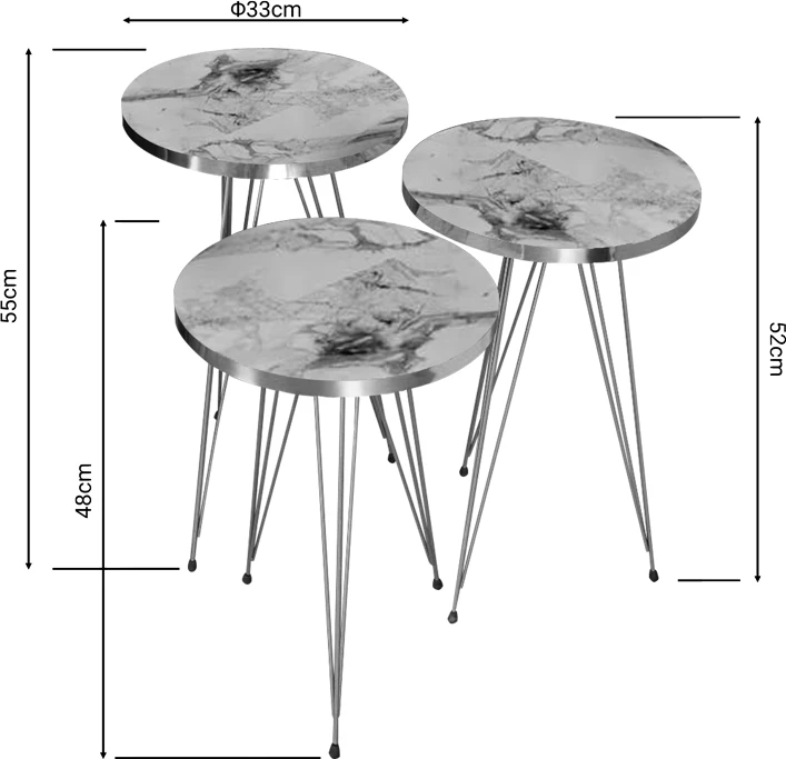 Tavolina anësore Wakmi 3 copë set ngjyrë mermeri të bardhë bezhë melaminë-metal i artë
