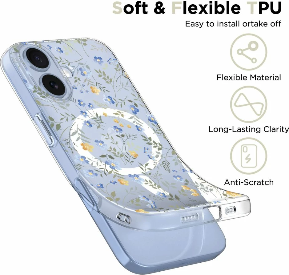 Mbështjellës Tech-Protect FlexAir MagSafe për iPhone 17, TPU fleksibil, Daisies with Leaves, transparent, 1 copë