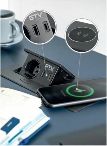 Prizë e integrume GTV AVARO PLUS, 1x 230V/16A, USB-A + USB-C, karikim wireless Qi, e zezë