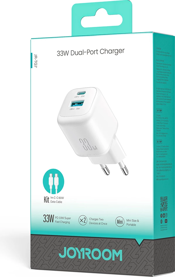 Karikues muri Joyroom JR-TG7 33W USB-A + USB-C, me kabllo USB-C në USB-C 1m 60W, i bardhë