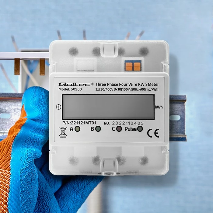 Matës trefazor i energjisë Qoltec 50900, LCD, montim në shinë DIN, Gri