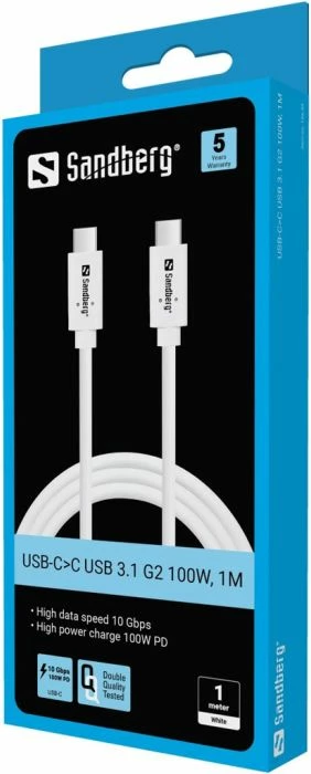 Kabllo karikimi dhe të dhënash USB-C në USB-C Sandberg 136-53, USB 3.2 Gen2 10Gbps, PD 100W, 1m, e bardhë