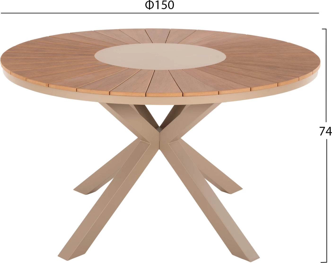 Tavolinë e rrumbullakët për jashtë, MORIL FH6042.04, alumin, ngjyrë shampanjë, polywood, ngjyrë druri natyral, Φ150cm