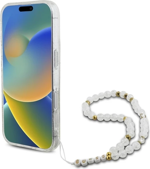 Mbështjellës Guess IML Glitter me rrip perlash MagSafe për iPhone 16, Transparent