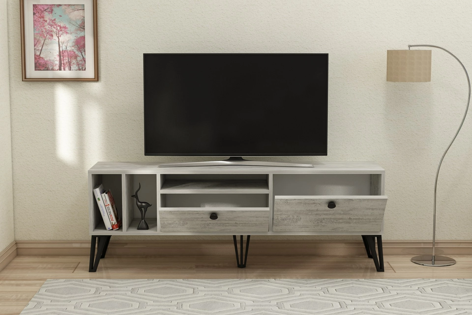 Komodë për TV Hanah Home, Aris - Crystal, ngjyrë gri dhe e bardhë