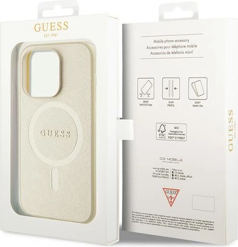 Mbështjellës Guess GUHMP15XPSAHMCB për iPhone 15 Pro Max 6.7", Saffiano MagSafe, ari