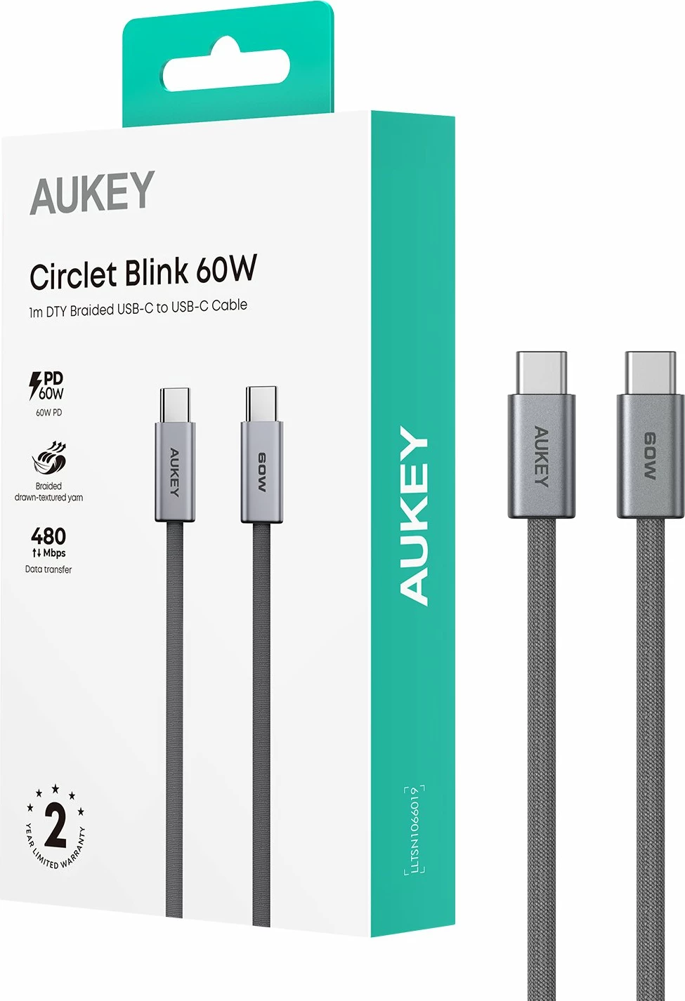 Kabllo USB-C në USB-C Aukey CB-DCC061 1 m 60W, gri
