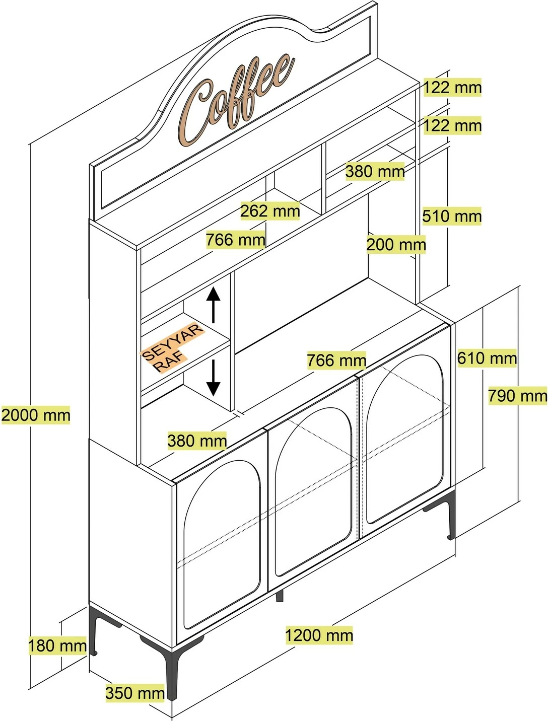Dollap për kafe, Hanah Home, Lyon 120 - Atlas, ngjyrë e zezë