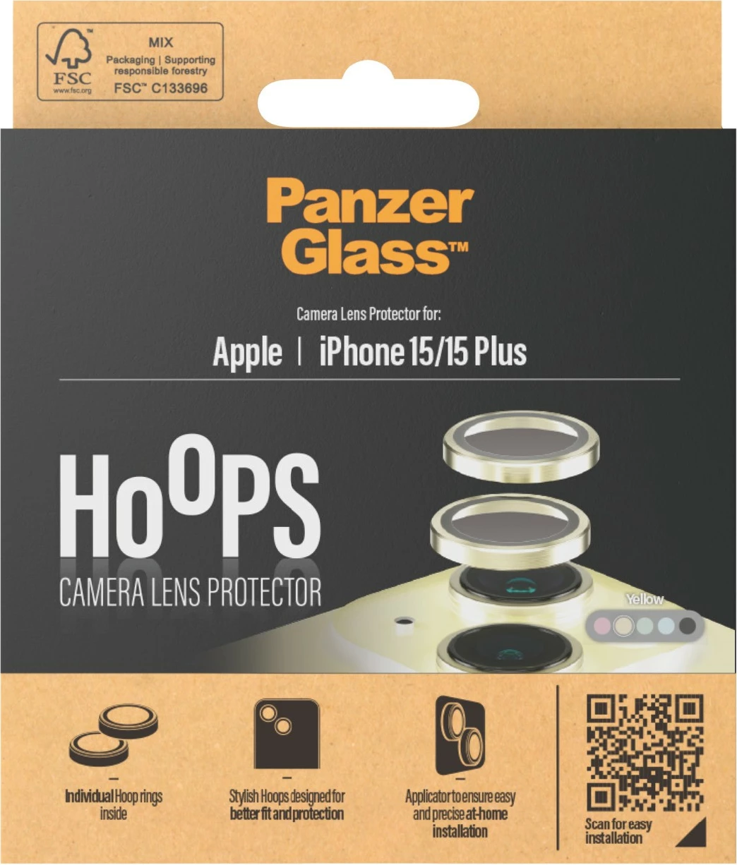 Mbrojtës kamerash PanzerGlass Hoops për iPhone 15/15 Plus, e verdhë
