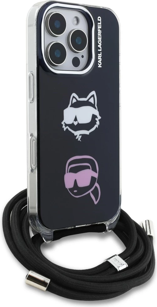Mbështjellës crossbody Karl Lagerfeld IML Karl&Choupette Head për iPhone 16 Pro Max, i zi