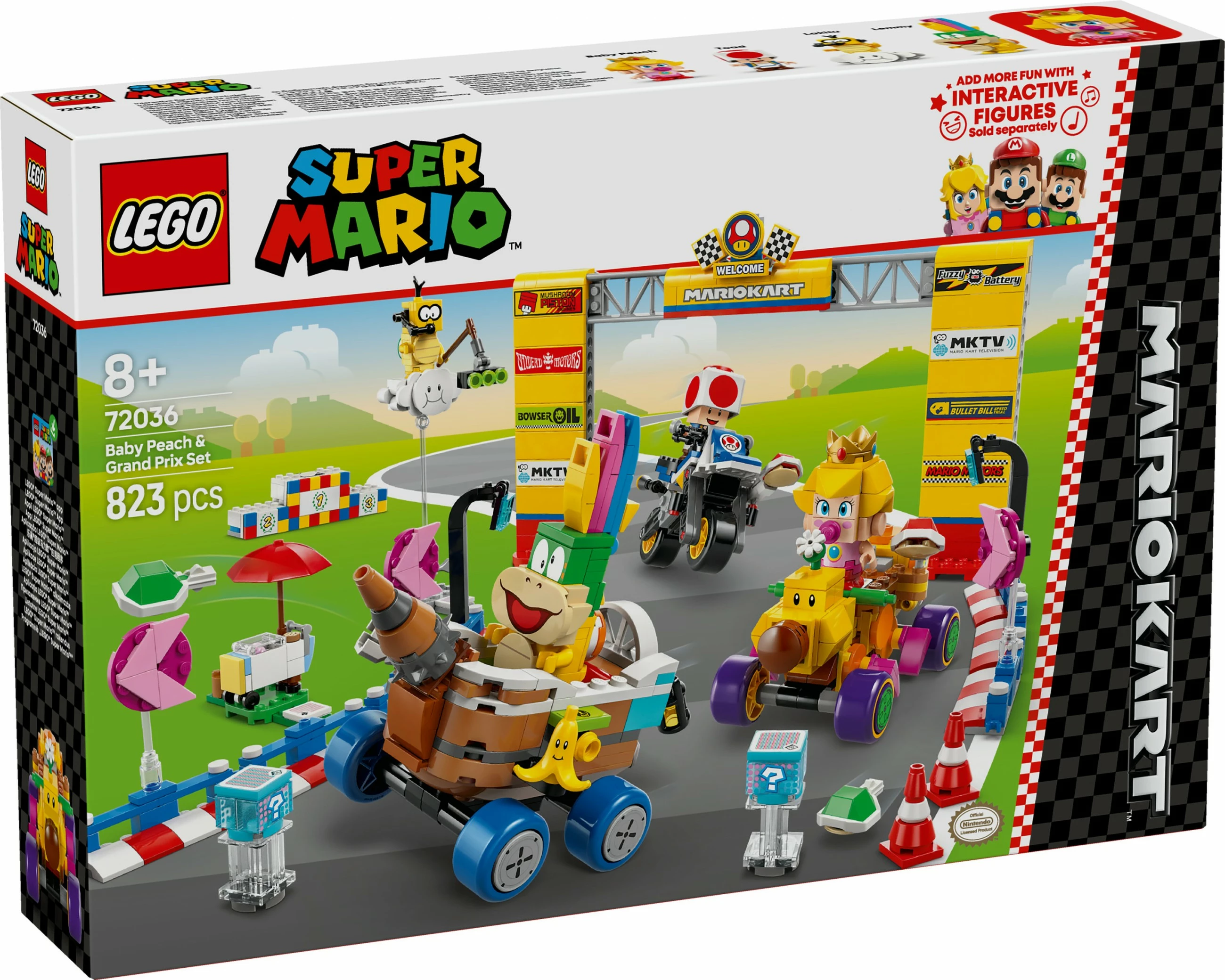 Set ndërtimi LEGO Super Mario Mario Kart Baby Peach & Grand Prix 823 pjesë, multingjyrësh