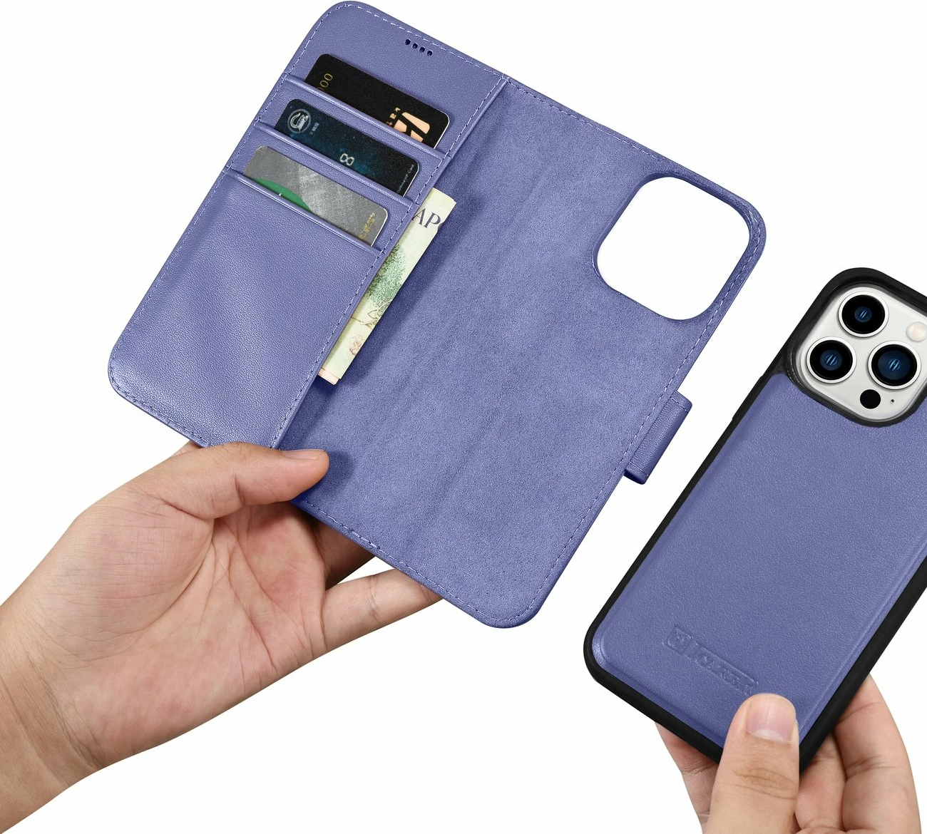 Mbështjellës iCarer Wallet Case 2in1 për iPhone 14 Pro, lëkurë natyrale, Anti-RFID, Vjollcë e çelur