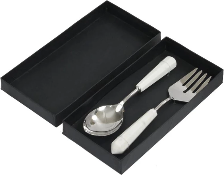 Set për shërbim sallate, 2 copë, çelik dhe mermer i bardhë, 28x7x3cm
