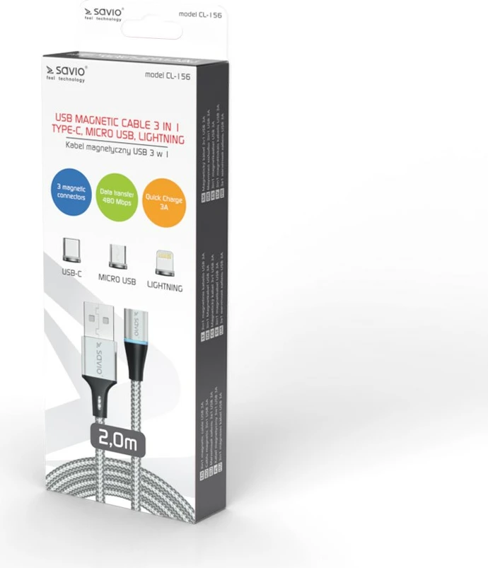 Kabllo USB Savio CL-156, 2m, USB 2.0, USB C/Micro USB/Lightning, Argjendtë