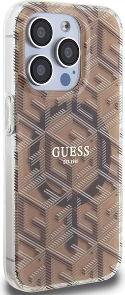 Mbështjellës Guess IML GCube MagSafe për iPhone 15 Pro, kafe