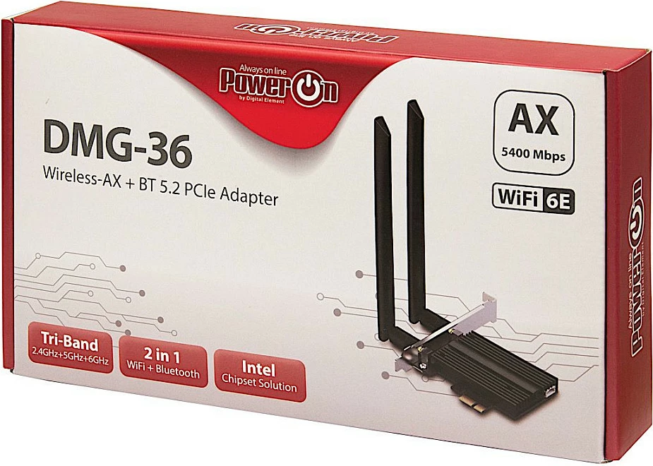 Kartë rrjeti Inter-Tech DMG-36, Wi‑Fi 6E + Bluetooth 5.2, PCIe, 5400 Mbps