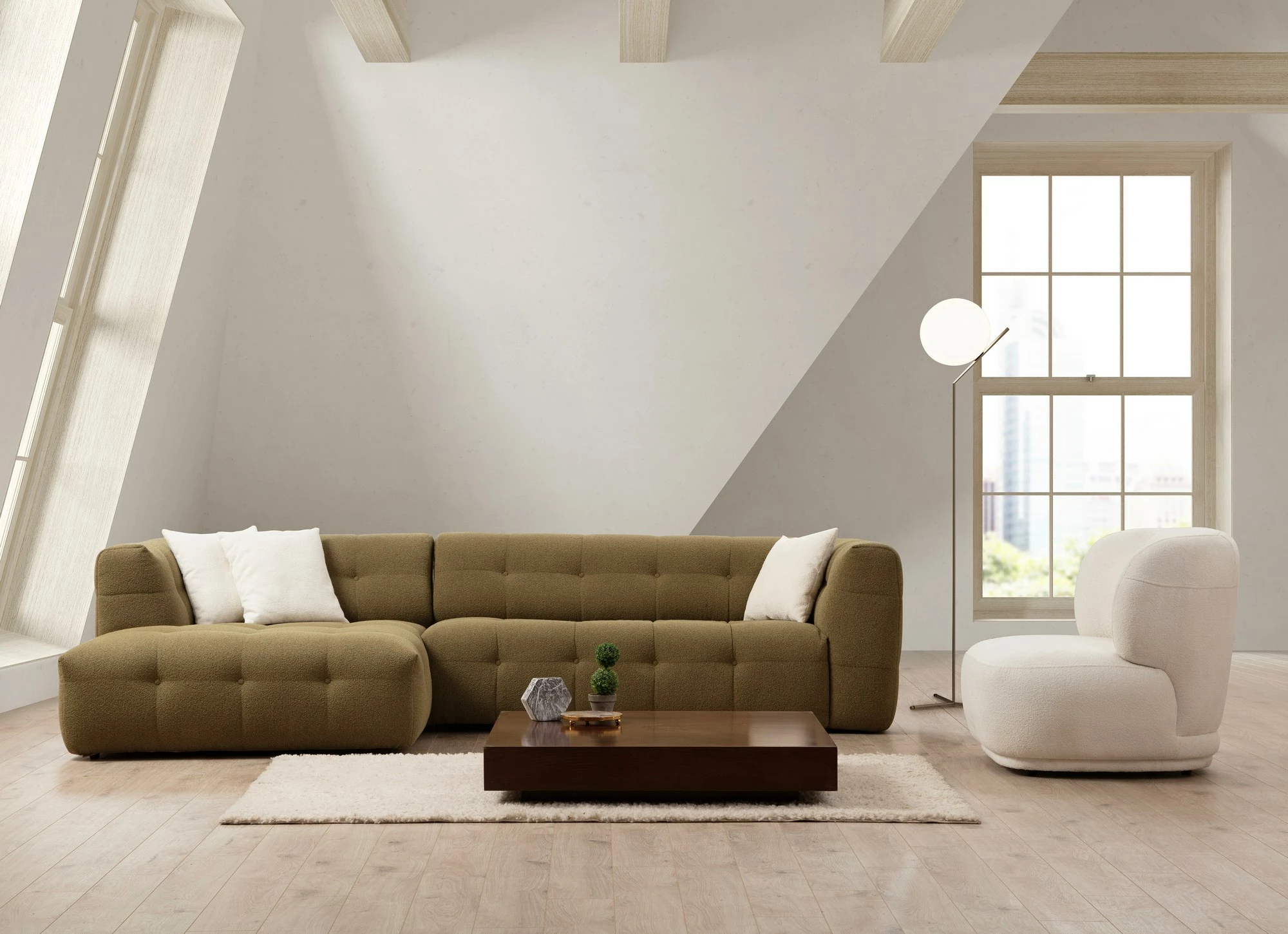 Këndsofa Cady, 3 vende, kënd majtas, ngjyrë kaki