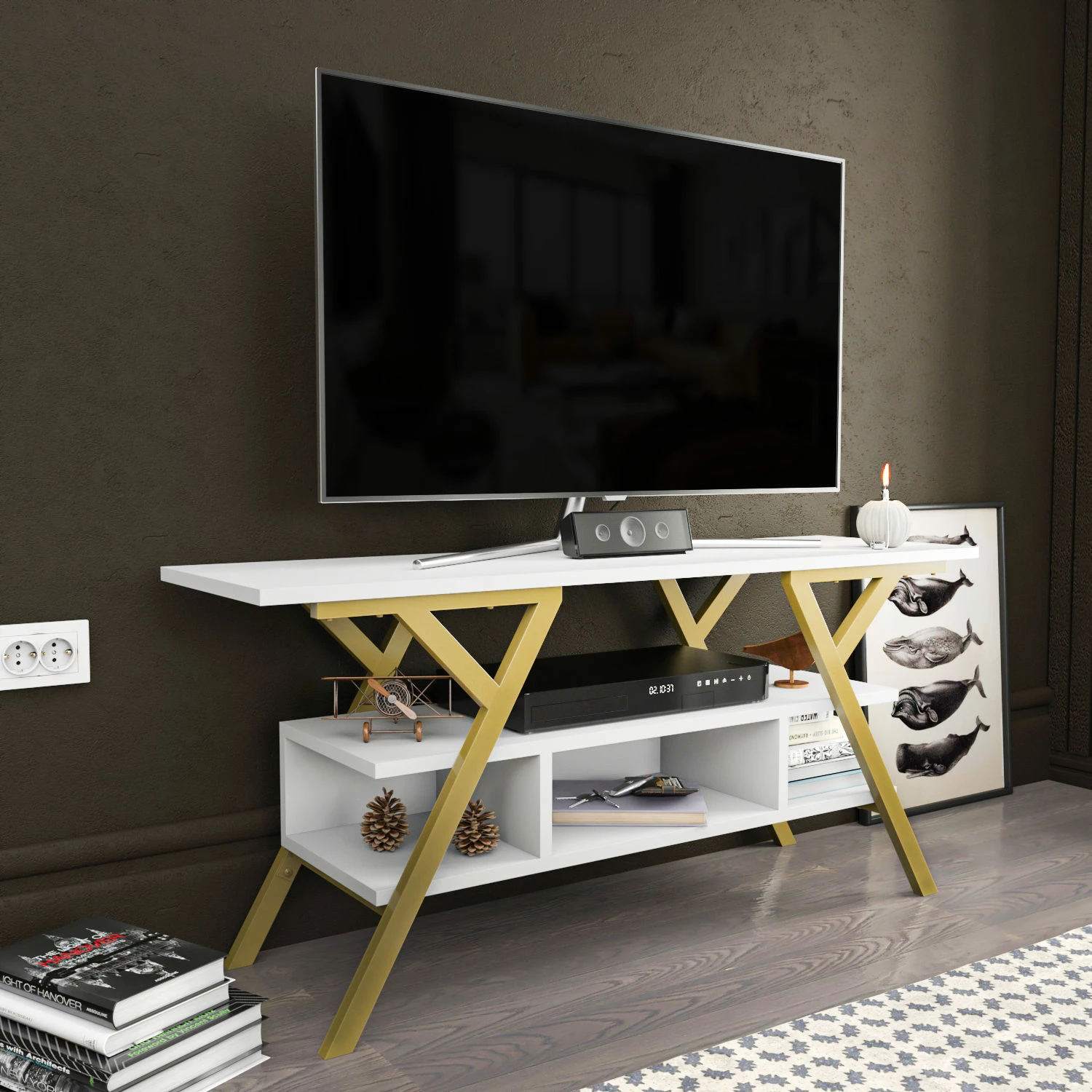 Komodë TV Skye Decor, Minerva, ngjyrë ari dhe e bardhë