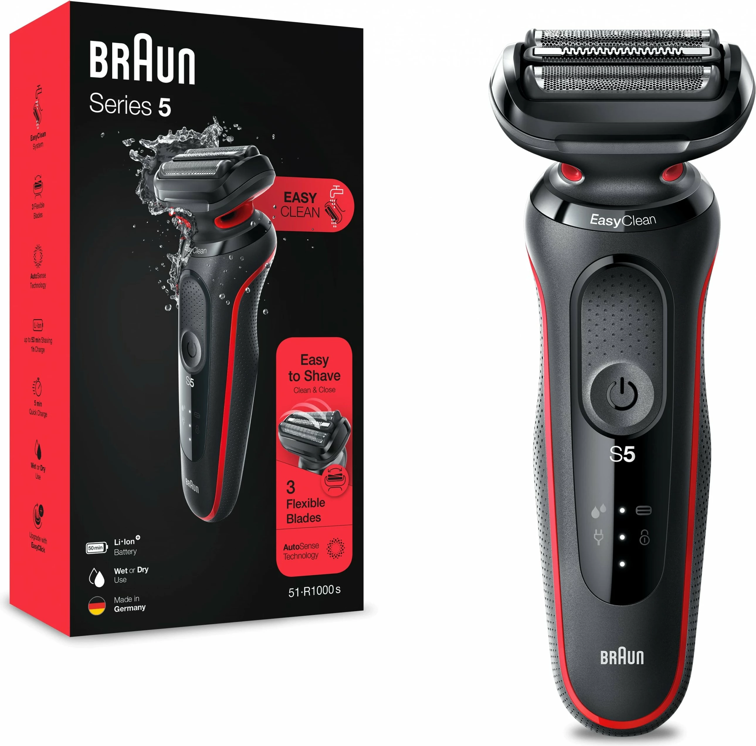 Makinë rroje Braun Series 5 51-R1000s, 3 koka fleksibile, Li-Ion, e zezë/kuqe