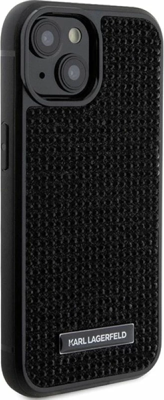 Mbrojtëse telefoni Karl Lagerfeld Rhinestone Logo Metal Plate për iPhone 15, e zezë