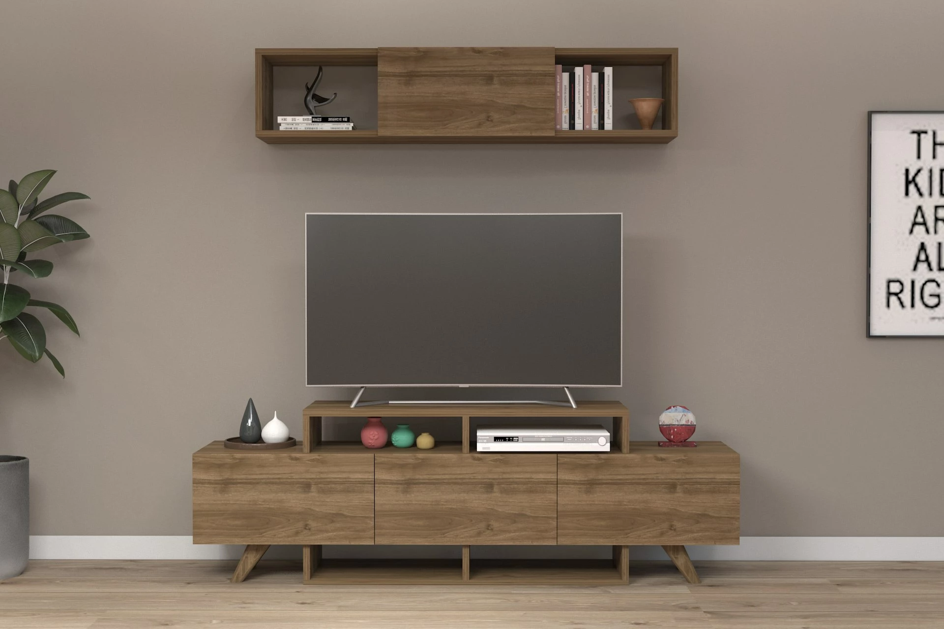Komodë TV Hanah Home, Alwin, ngjyrë arre, me rafte