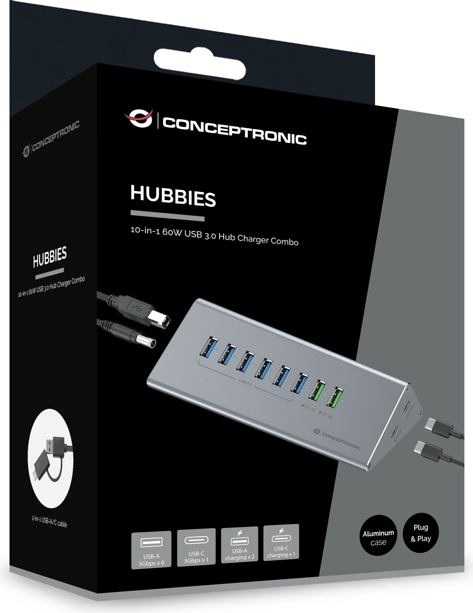 USB hub Conceptronic 10-porta, USB-A 3.0/USB-C, me furnizim energjie, gri