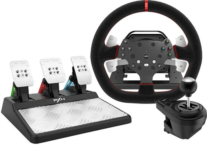 Timon gaming PXN PXN-V10 V2 me 3 pedale dhe kambjo, për PC/PS4/XBOX/Switch, i zi