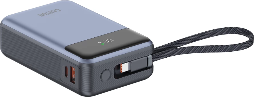 Power bank CANYON OnPower 600 20000 mAh PD 65W me kabllo Type-C të integrume, gri e errët