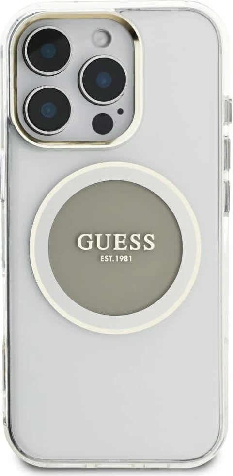 Mbështjellës Guess IML Metal Colored Circle Classic Logo MagSafe për iPhone 16 Pro Max, Gri