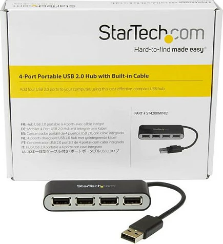 Hub USB StarTech ST4200MINI2, 4 porta, USB 2.0 480 Mbit/s, me kabllo të integrume, i zi/argjendtë