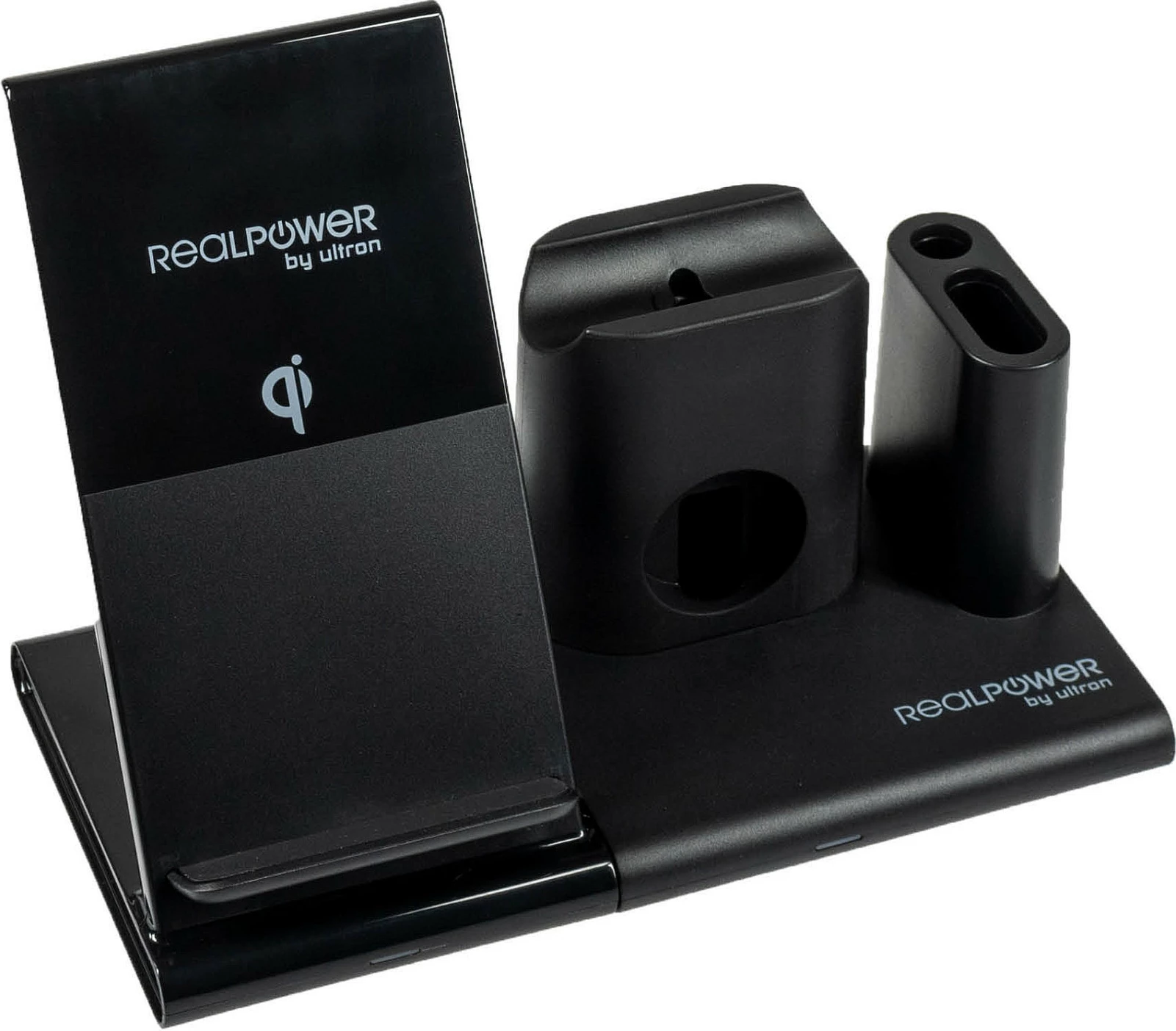 Karikues wireless RealPower ChargeAIR Connect, stacion 3-në-1, 10W, USB-C, i zi