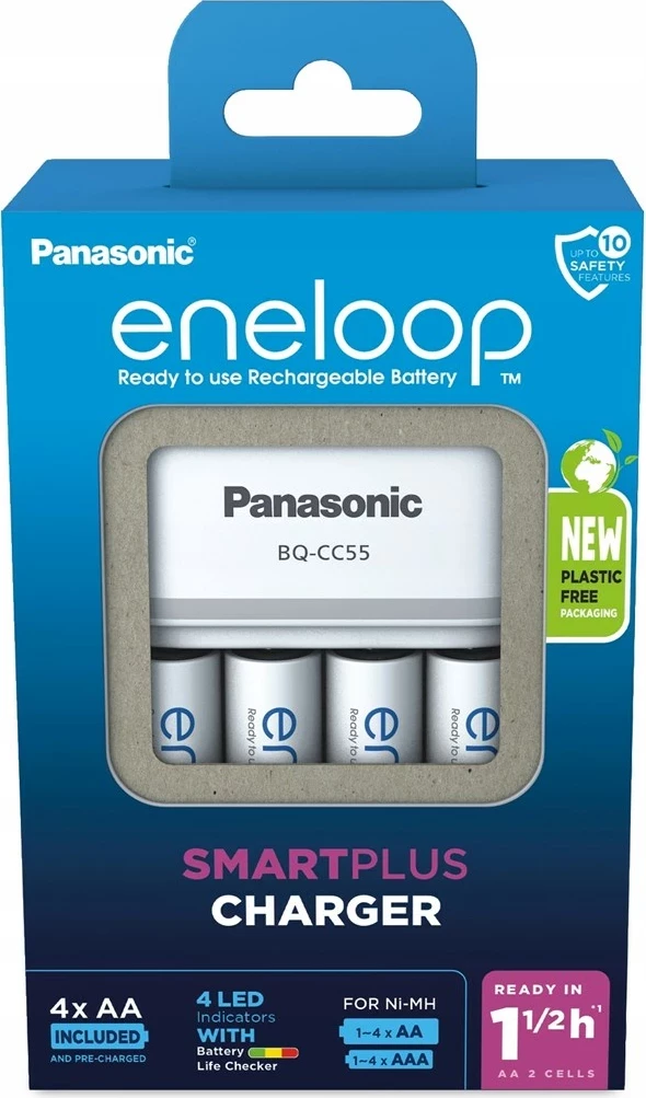 Karikues baterish Panasonic Eneloop Smartplus BQ-CC55 me 4x AA 2000 mAh, Bardhë