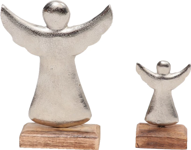 Dekor engjëll për Krishtlindje, alumin argjend, dru mango natyral, 10x5x18cm