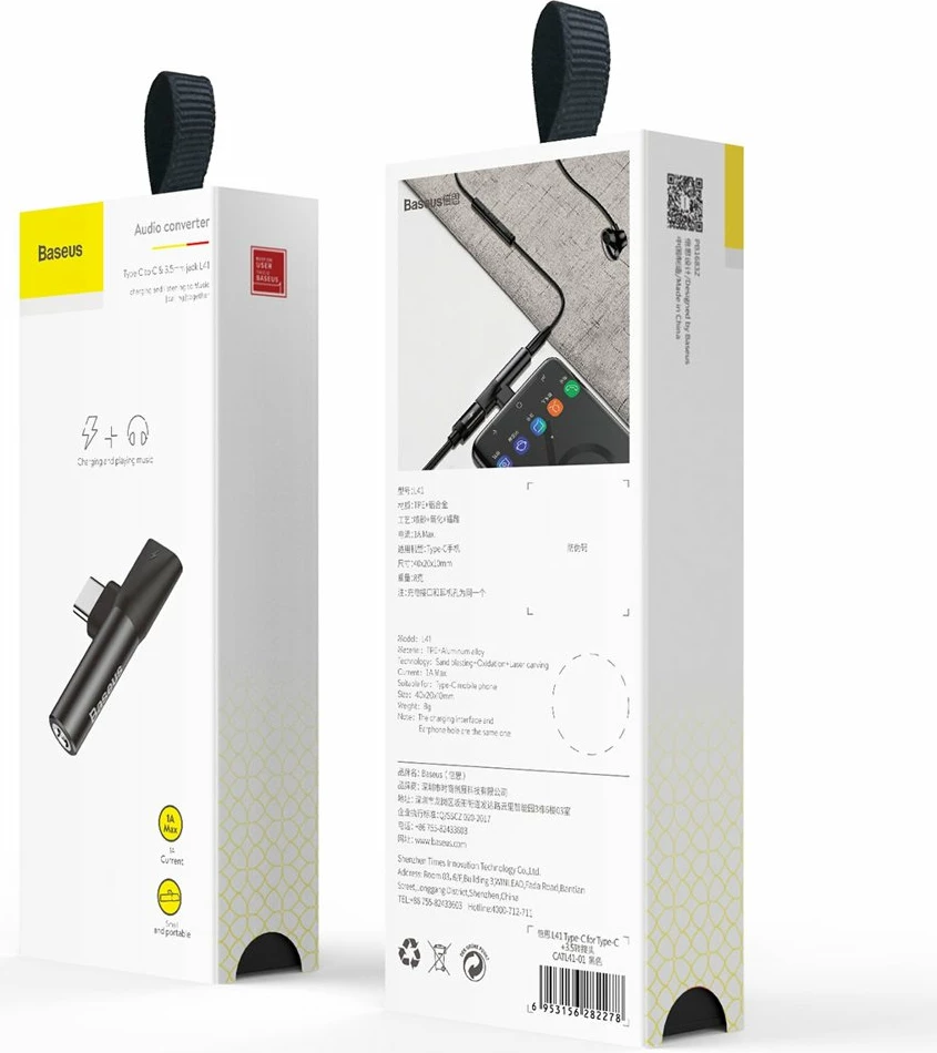 Adapter audio Baseus L41, USB-C në USB-C + 3.5 mm, i zi