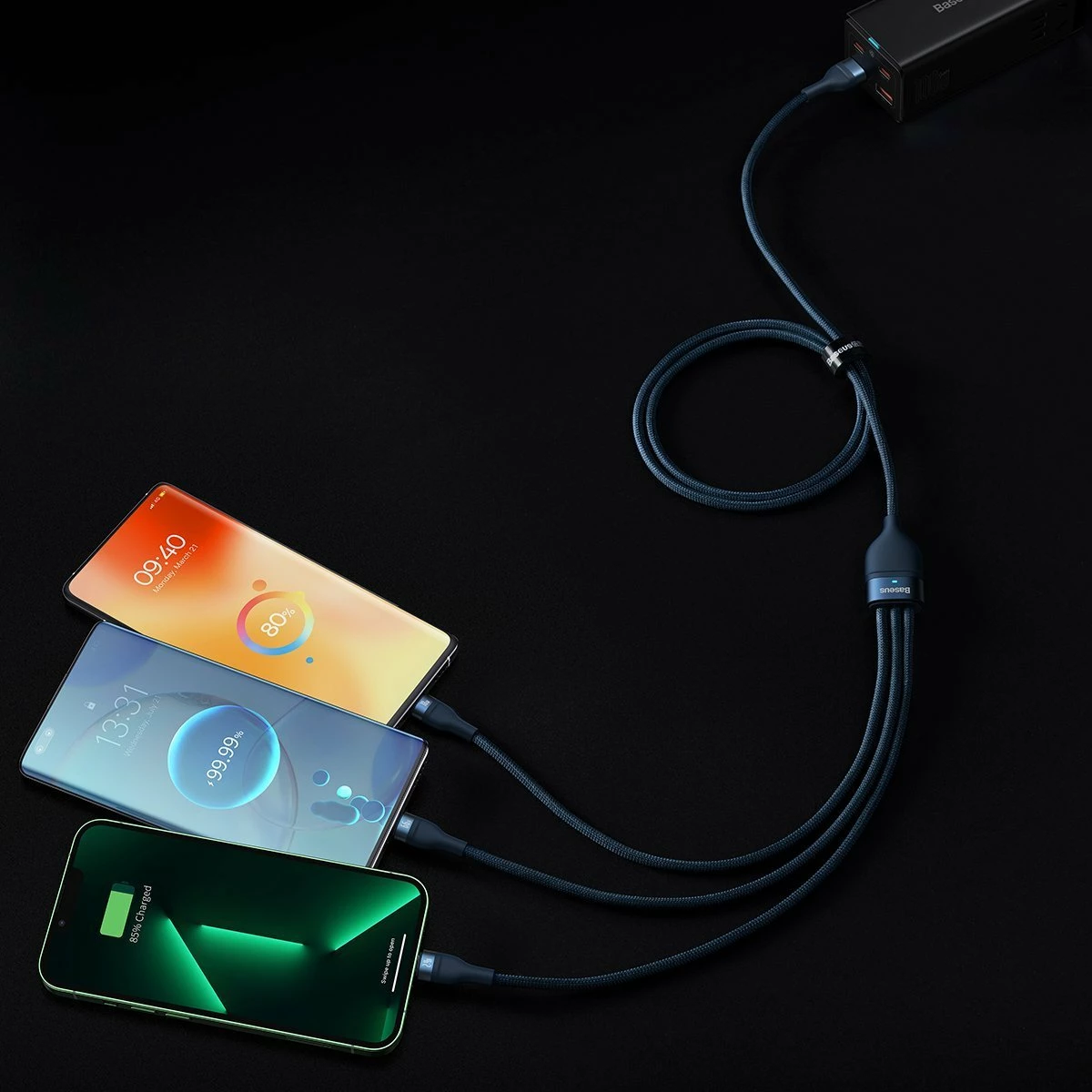 Kabllo USB 3-në-1 Baseus Flash Series II CASS040003 (BSU3888), USB-A në USB-C/Micro USB/Lightning, 1.2 m, 66W, blu