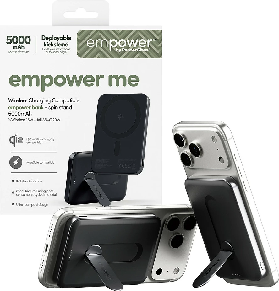 Power bank PanzerGlass empower bank 5000mAh, Qi2/MagSafe, spin stand, Space Black