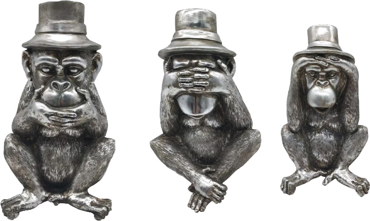 Set dekorativ majmunësh, 3 copë, ngjyrë argjendi, 14x13x22cm