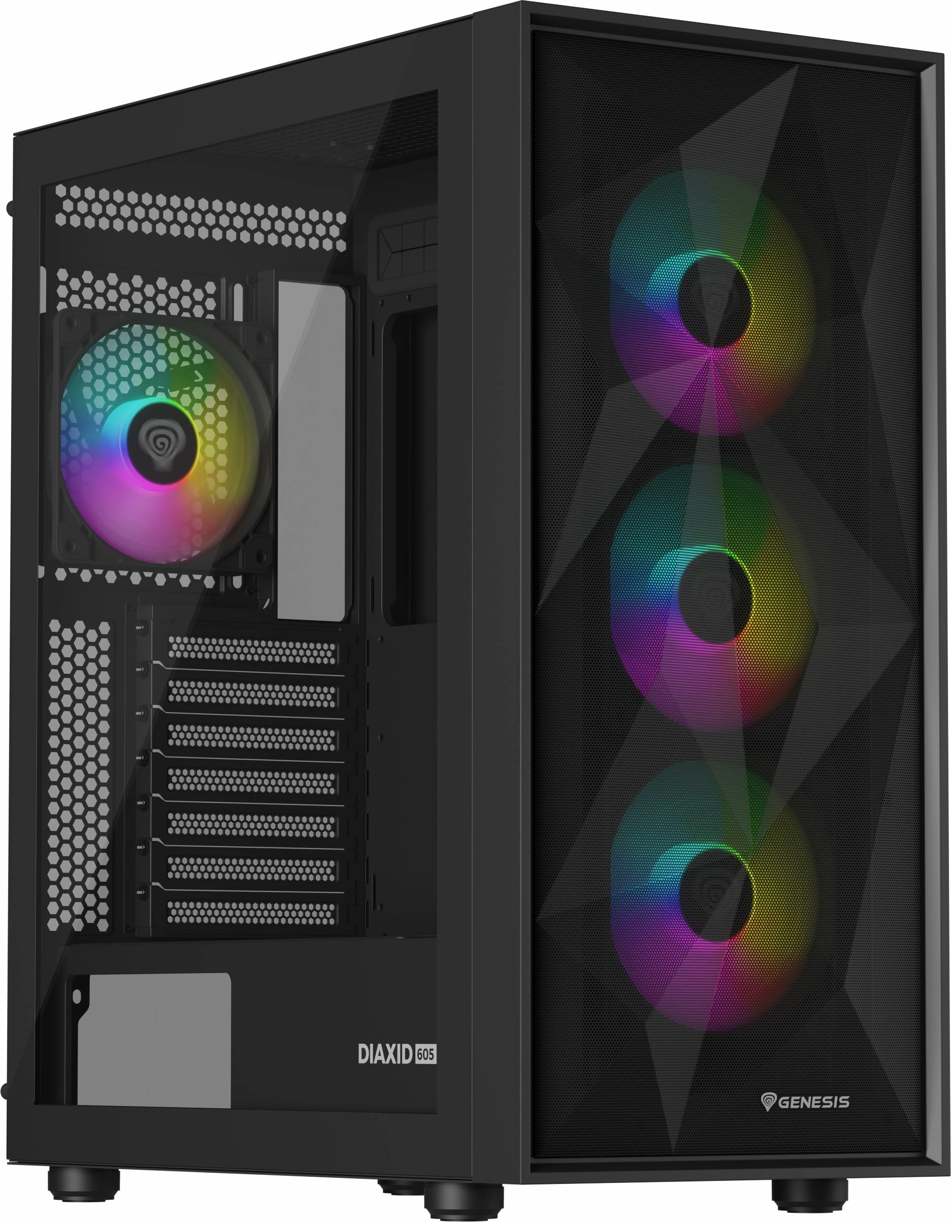 Kasë GENESIS Diaxid 605 ARGB NPC-2172 Midi Tower, ATX/mATX/Mini-ITX, USB-C, pa PSU, e zezë