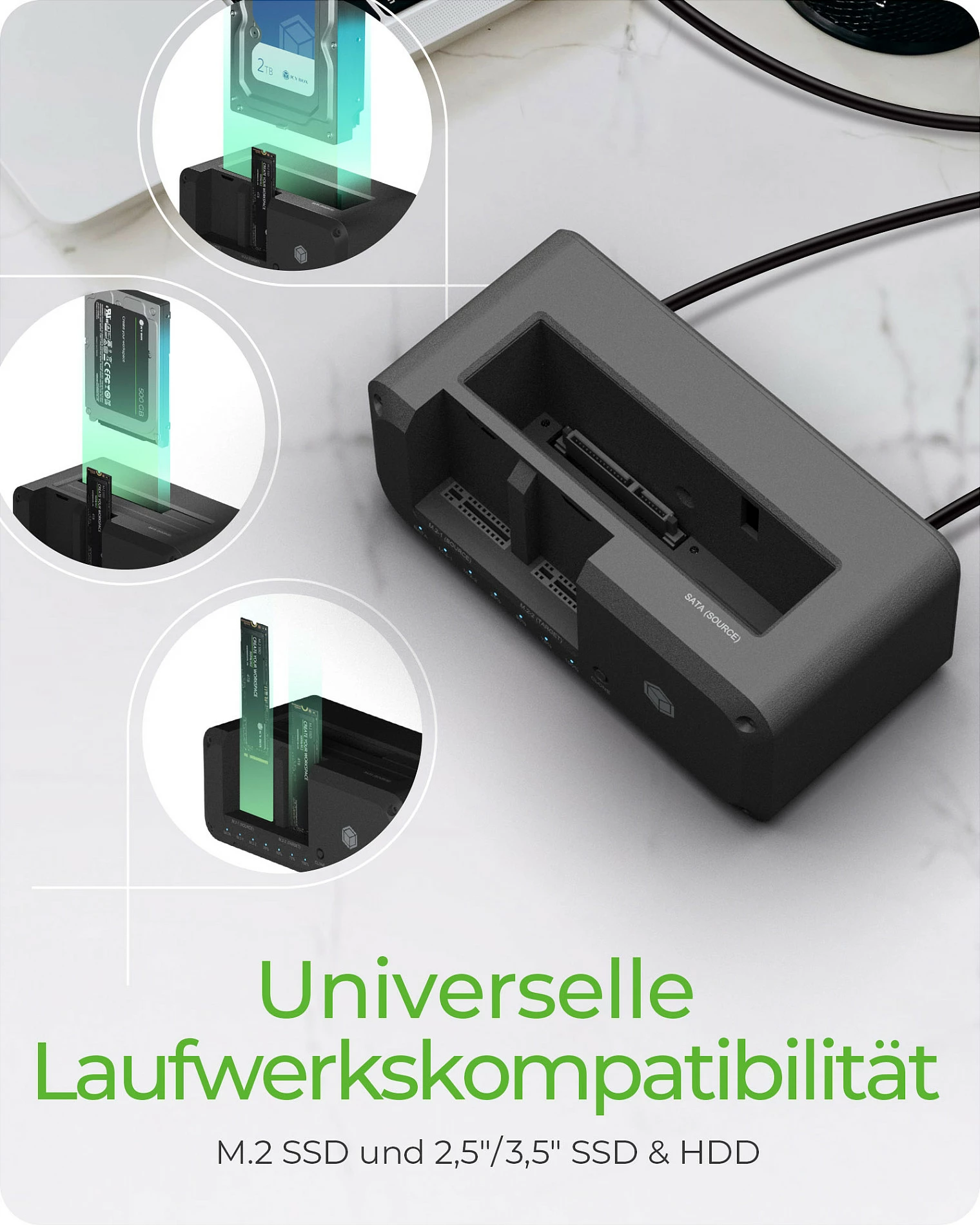 Docking stacion ICY BOX IB-2924MSCL-C31, USB-C USB 3.2 Gen 2 10Gbps, klonim offline, për HDD/SSD 2.5"/3.5" dhe M.2, i zi
