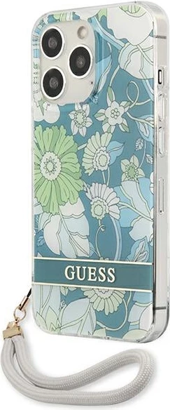 Mbështjellës Guess Flower Strap për iPhone 13 Pro Max 6.7", i gjelbër me lule dhe rrip dore